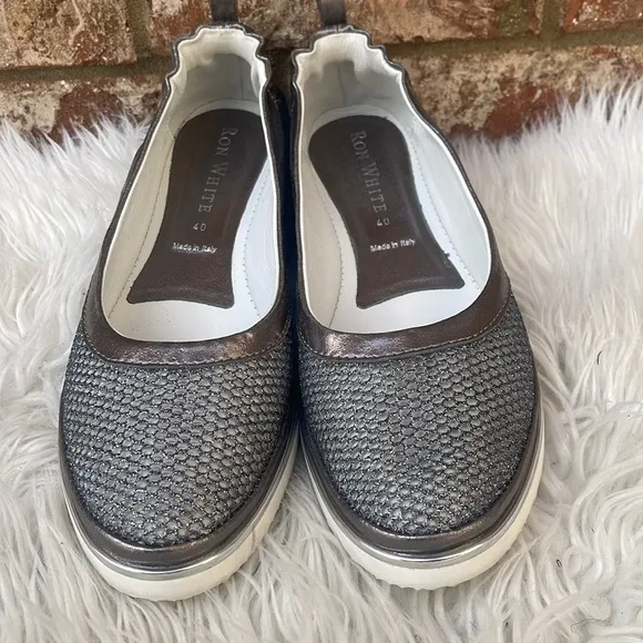 Ron White Women Natanya Mesh Metallic Pewter Ballet Flat Slip-on Shoes Sz 9.5/40