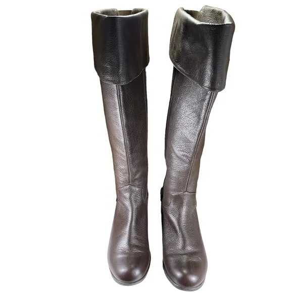 Ros Hommerson Brown Knee Boots with Buckle on Heel Womens Shoes Size 8