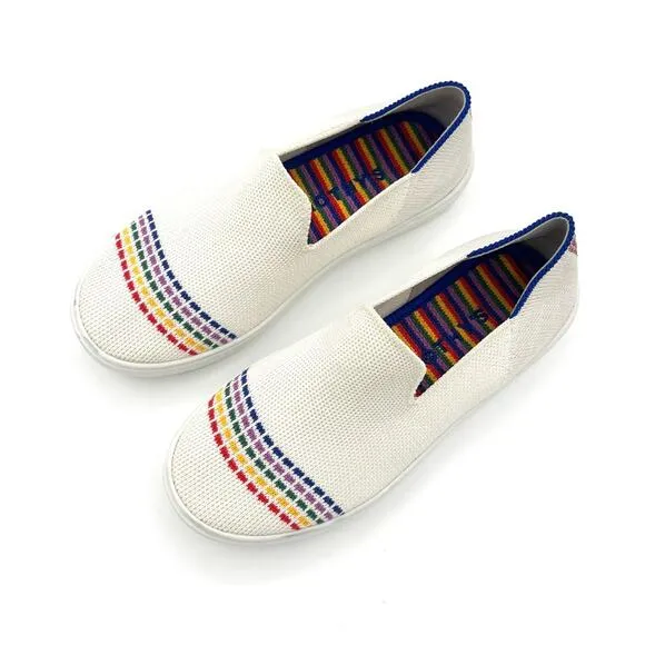 Rothy’s the kids sneakers white rainbow big girls slip on flat shoes size 2