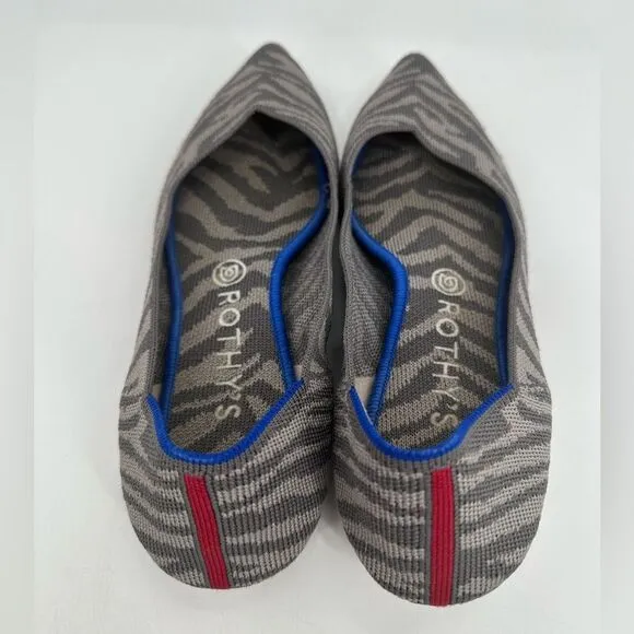Rothy's Flat Shoes Womens Size 9.5 Gray Blue Zebra Print Pointed Toe Slip On