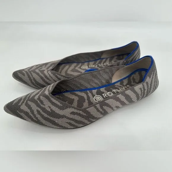 Rothy's Flat Shoes Womens Size 9.5 Gray Blue Zebra Print Pointed Toe Slip On