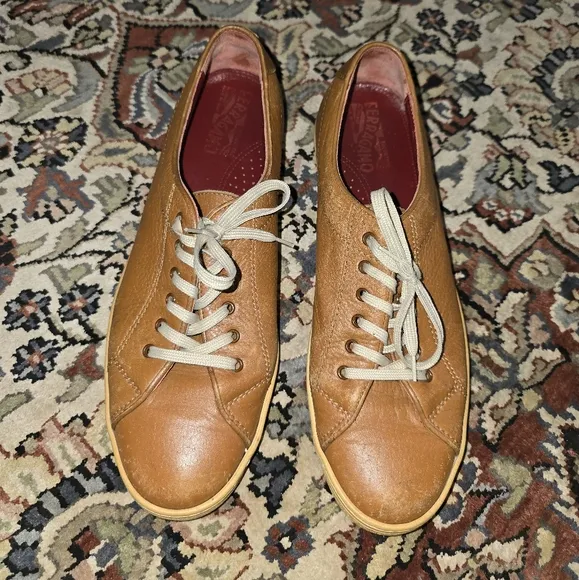 Salvatore Ferragamo cognac leather sneakers. US 9.5
