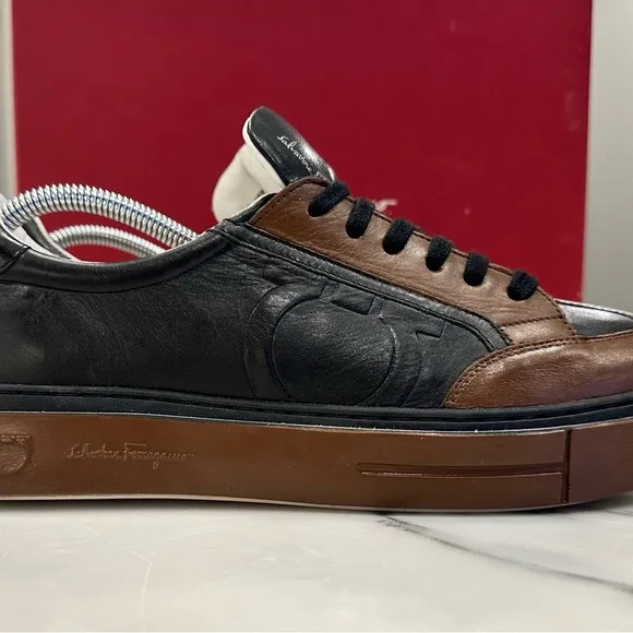 Salvatore Ferragamo Men's Brown and Black Leather Sneakers