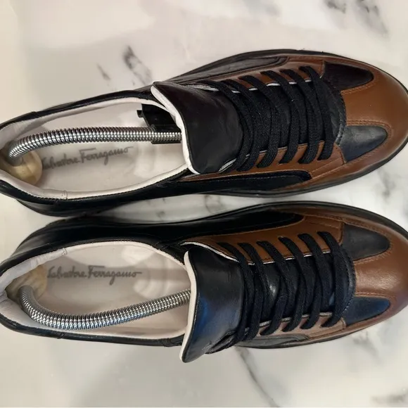 Salvatore Ferragamo Men's Brown and Black Leather Sneakers