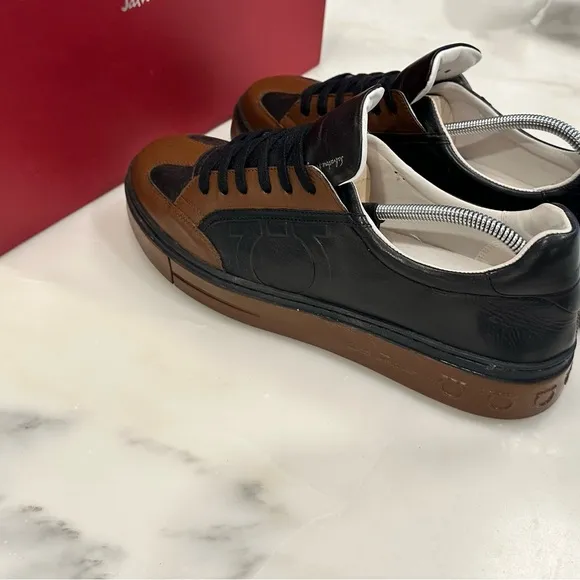Salvatore Ferragamo Men's Brown and Black Leather Sneakers