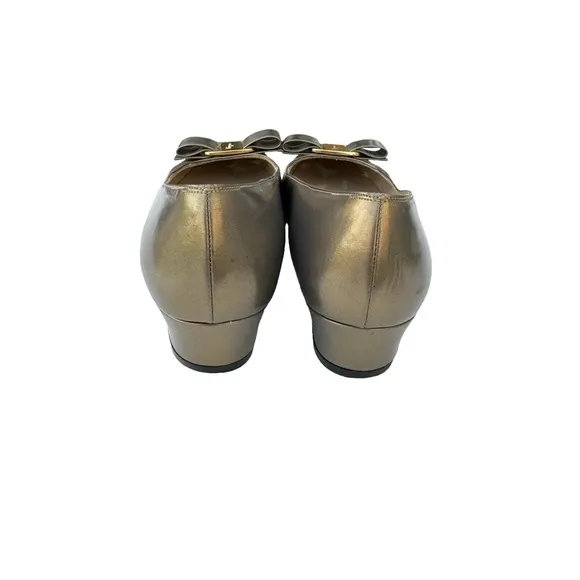 Salvatore Ferragamo Vara Bow Details Flat Shoes Metallic Gold Green Leather