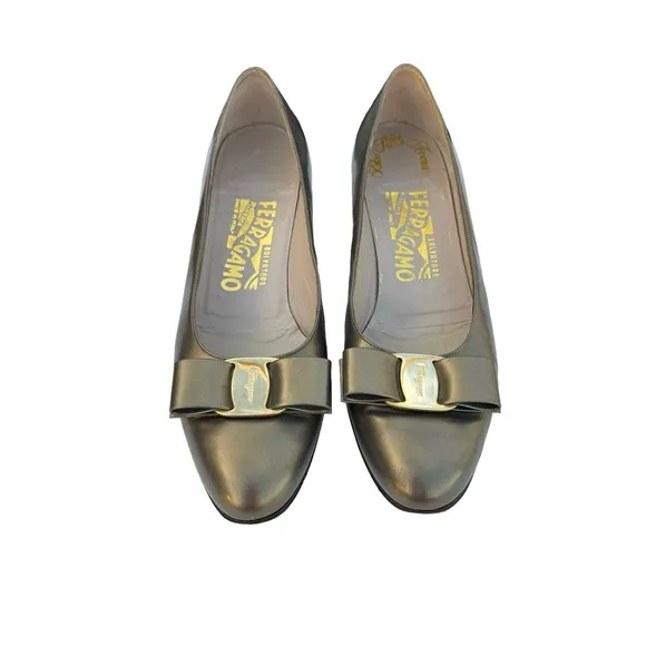 Salvatore Ferragamo Vara Bow Details Flat Shoes Metallic Gold Green Leather