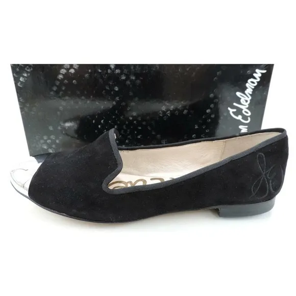 Sam Edelman Aster Slip On Loafers Metal Cap Toe Flat Shoes Black suede