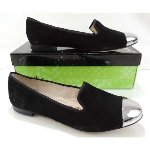 Sam Edelman Aster Slip On Loafers Metal Cap Toe Flat Shoes Black suede