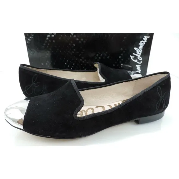 Sam Edelman Aster Slip On Loafers Metal Cap Toe Flat Shoes Black suede