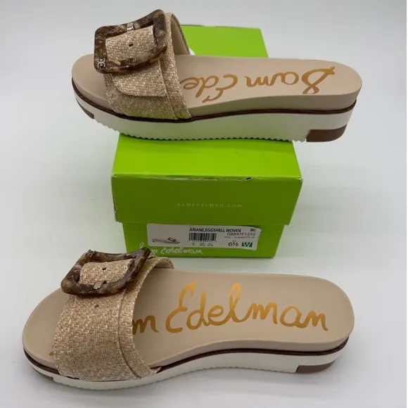 Sam Edelman Woven Buckle Slides Platform Sandals Beige Espadrille 6.5W