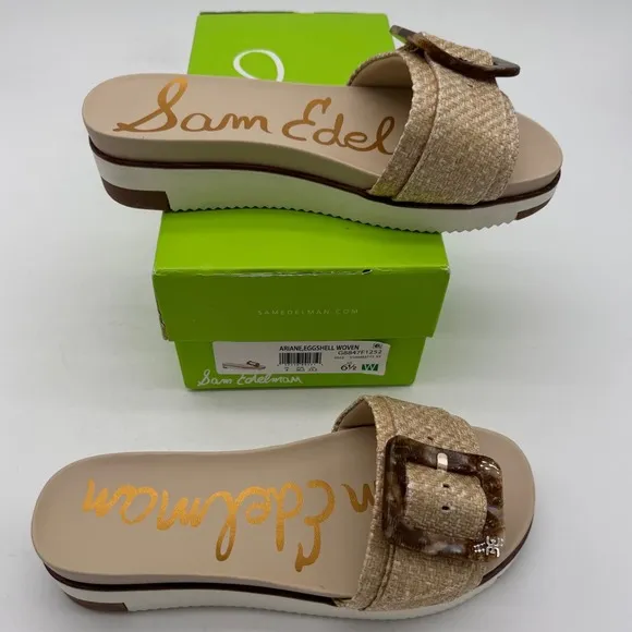 Sam Edelman Woven Buckle Slides Platform Sandals Beige Espadrille 6.5W