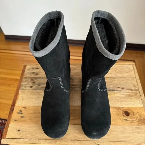 Sanita Risotto Black Suede Gray Trim 100% Leather Wooden Sole Clog Boot Size 38