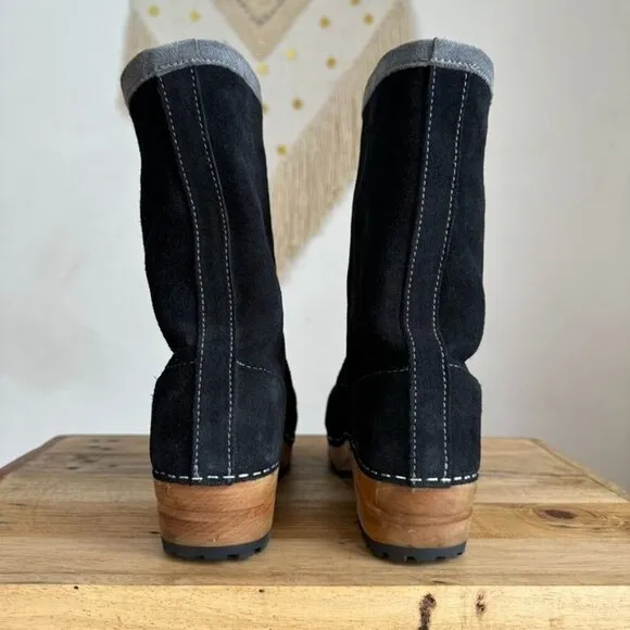 Sanita Risotto Black Suede Gray Trim 100% Leather Wooden Sole Clog Boot Size 38