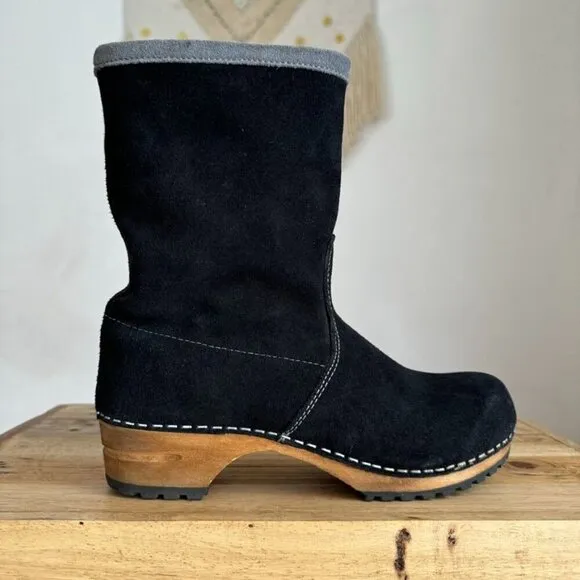 Sanita Risotto Black Suede Gray Trim 100% Leather Wooden Sole Clog Boot Size 38