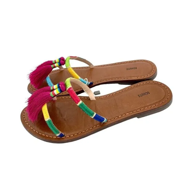 Schutz Colorful Pink Tassels Strappy Slip On Shoes Flat Sandal Sz 38 EU NIB
