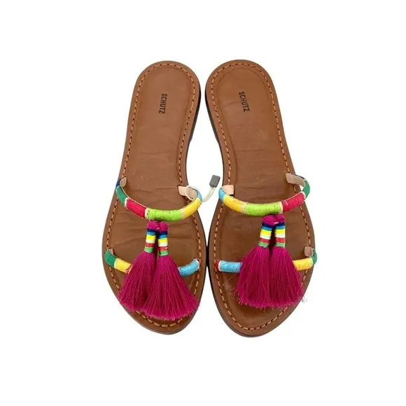 Schutz Colorful Pink Tassels Strappy Slip On Shoes Flat Sandal Sz 38 EU NIB