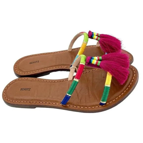 Schutz Colorful Pink Tassels Strappy Slip On Shoes Flat Sandal Sz 38 EU NIB
