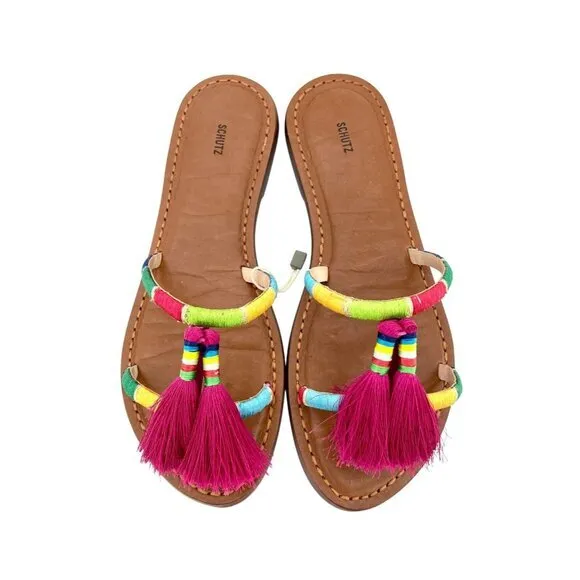 Schutz Colorful Pink Tassels Strappy Slip On Shoes Flat Sandal Sz 38 EU NIB