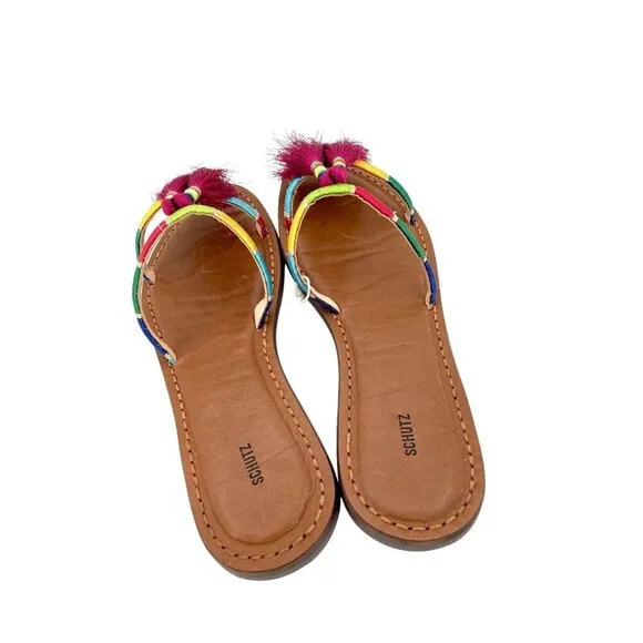 Schutz Colorful Pink Tassels Strappy Slip On Shoes Flat Sandal Sz 38 EU NIB