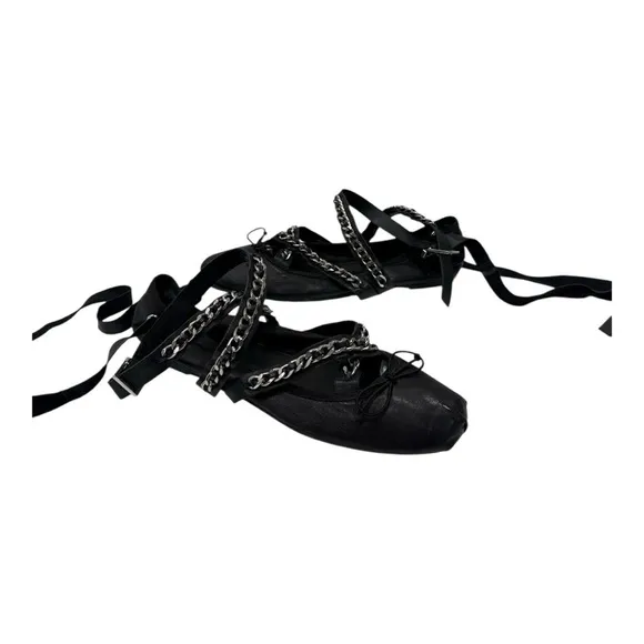 SCHUTZ   LACE UP LEATHER FLAT Chain-Embellished Women's Shoes size 8.5 B