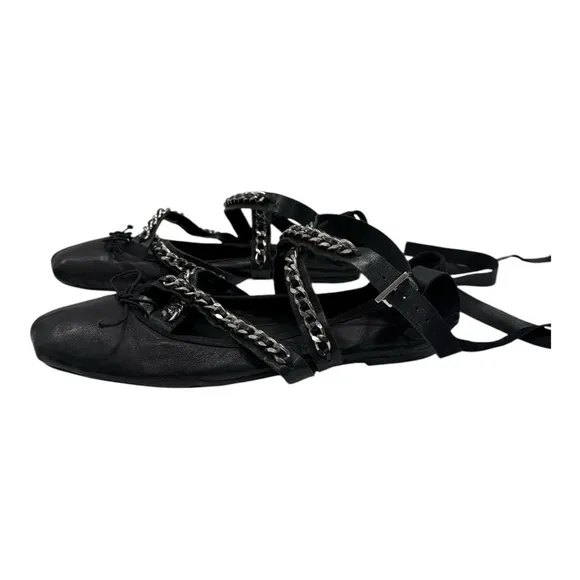 SCHUTZ   LACE UP LEATHER FLAT Chain-Embellished Women's Shoes size 8.5 B