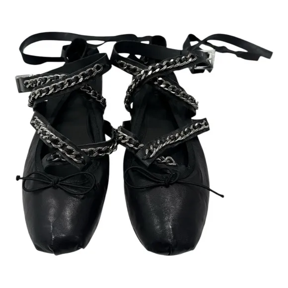 SCHUTZ   LACE UP LEATHER FLAT Chain-Embellished Women's Shoes size 8.5 B
