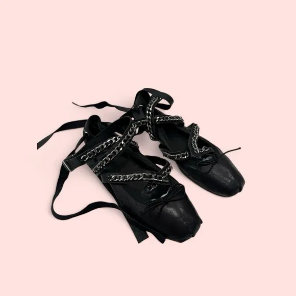 SCHUTZ   LACE UP LEATHER FLAT Chain-Embellished Women's Shoes size 8.5 B