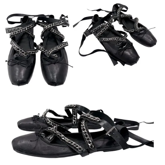 SCHUTZ   LACE UP LEATHER FLAT Chain-Embellished Women's Shoes size 8.5 B
