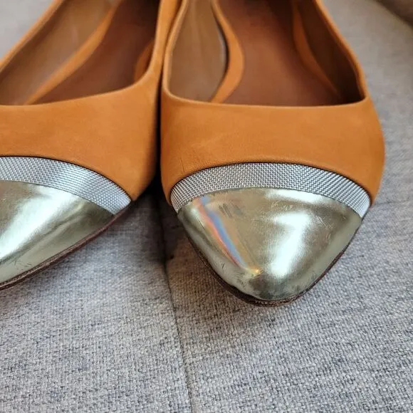 SCHUTZ Sofie Silver Cap Toe Suede Ballet Flats Shoes Copper Orange Office Size 9