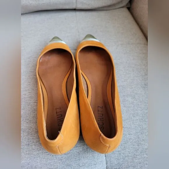 SCHUTZ Sofie Silver Cap Toe Suede Ballet Flats Shoes Copper Orange Office Size 9