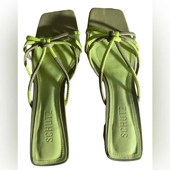 Schutz strappy leather lime green block made Brazil heeled sandals shoes Size 7B