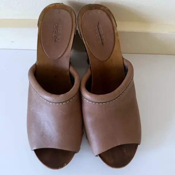See by Chloe Wood Heel Wedge Leather Brown Shoes EU 39