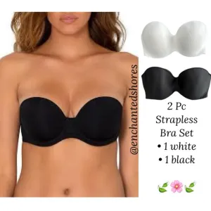 Sexy Smooth Strapless Bra Set Padded Natural Lift Support Black White Size 38DD