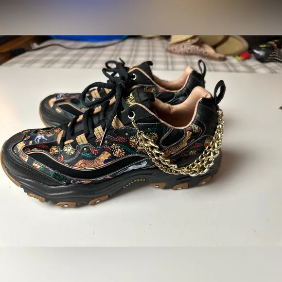Skechers Black Jungle D-Lites 1.0 Cheetah Gold Chain Sneakers NWOT 10 *Sample*