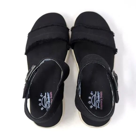 SKECHERS BOBS Platform Sandal Womens 9.5 Black Frayed Fabric Vegan NEW NWOB