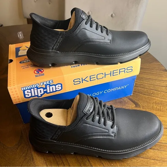 Skechers Hands Free Slip-Ins Garza Gervin Black Leather Oxfords Size 10.5 New