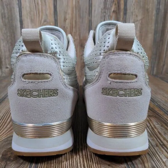 Skechers Mid Sneakers Women 8.5 Taupe Gold Rhinestones Air Cooled Memory Foam