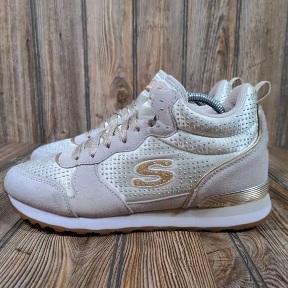 Skechers Mid Sneakers Women 8.5 Taupe Gold Rhinestones Air Cooled Memory Foam