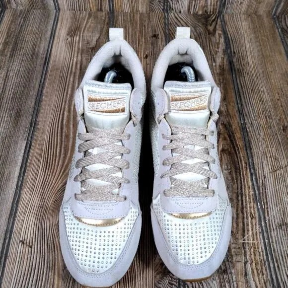 Skechers Mid Sneakers Women 8.5 Taupe Gold Rhinestones Air Cooled Memory Foam