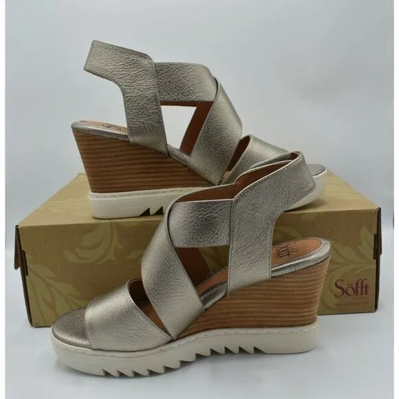 Sofft Womens Size 9.5 Uxley Grey Gold Metallic Leather Wedge Sandals Shoes