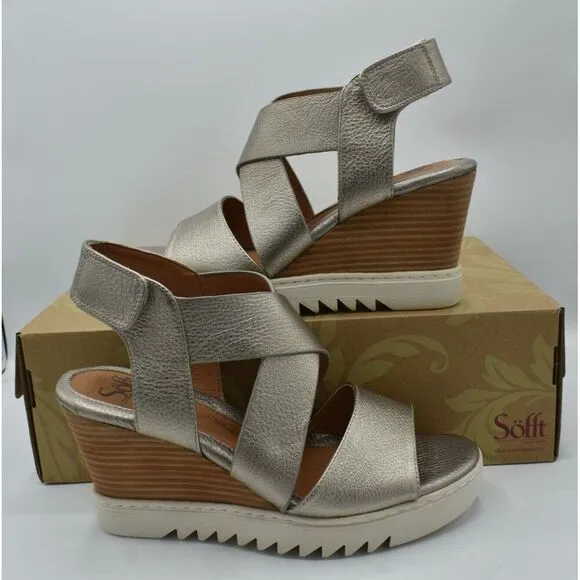 Sofft Womens Size 9.5 Uxley Grey Gold Metallic Leather Wedge Sandals Shoes