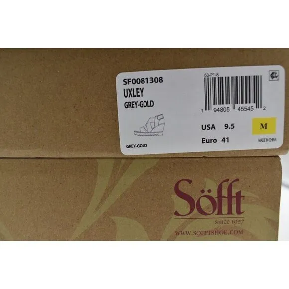 Sofft Womens Size 9.5 Uxley Grey Gold Metallic Leather Wedge Sandals Shoes