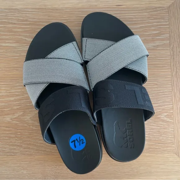 Sorel Roaming Sport Slide Platform Slip On Black &amp; White Sandals Shoes Size 7.5