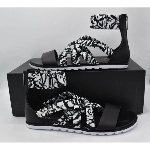 Sorel Womens Size 11 Ella II Black White Ankle Strap Sandals Shoes