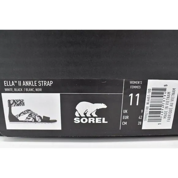 Sorel Womens Size 11 Ella II Black White Ankle Strap Sandals Shoes