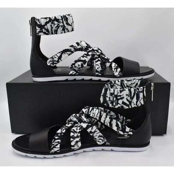 Sorel Womens Size 11 Ella II Black White Ankle Strap Sandals Shoes