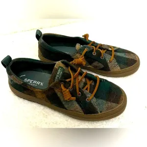 SPERRY CREST VIBE GREEN WOOL FLANNEL PLAID WOMEN'S 7 SNEAKERS BOAT SHOES