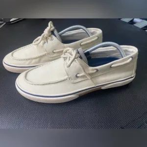 SPERRY TOPSIDERS, WHITE SLIP ON BOAT SHOES, MEN’S SIZE 9.5M