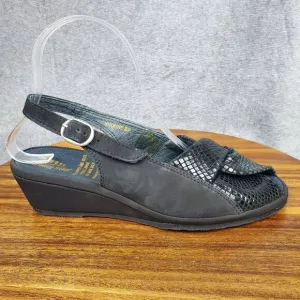 Spring Step Sandals Women's 8.5 39 Black Leather Slingback Wedge Peep Toe Shoes